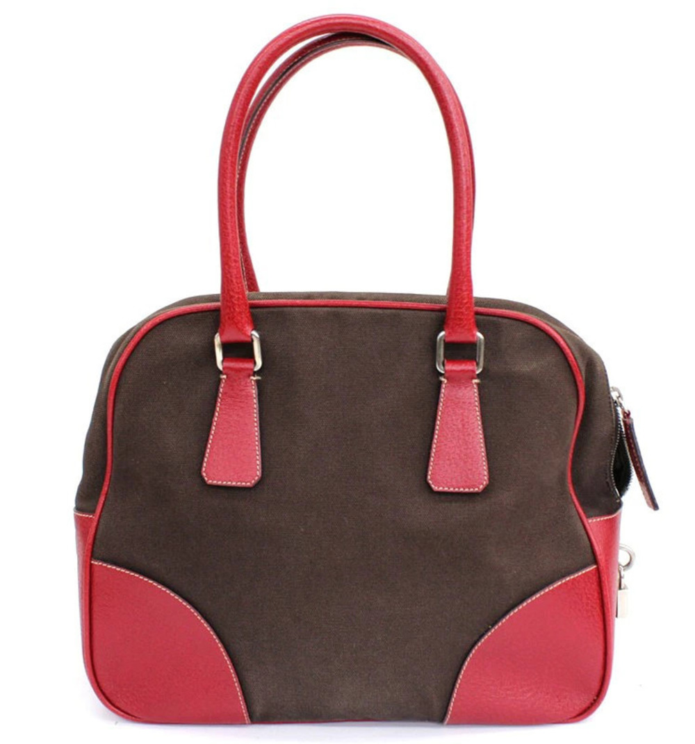 Prada Brown Leather Canvas Shoulder Red Handbag